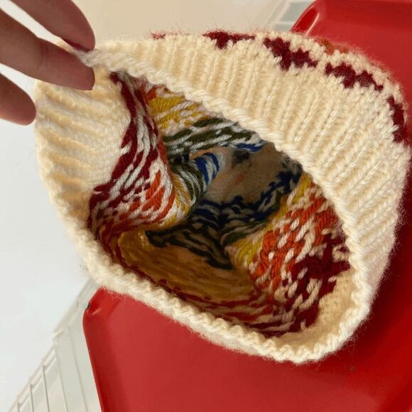 Rainbow Hearts Hand Knit Pom Pom Beanie, Winter Hat with Heart Design in Rainbow - Picture 4 of 8